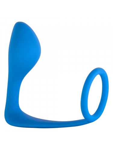 Синее эрекционное кольцо с анальной пробкой Button Anal Plug
