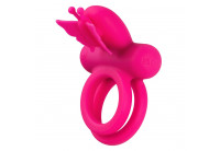Розовое эрекционное виброкольцо Silicone Rechargeable Dual Butterfly Ring