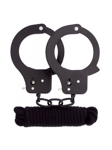 Чёрные наручники из листового металла в комплекте с веревкой BONDX METAL CUFFS LOVE ROPE SET