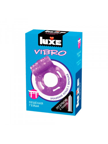 Фиолетовое эрекционное виброкольцо Luxe VIBRO «Бешеная Гейша» + презерватив