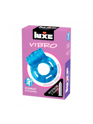 Голубое эрекционное виброкольцо Luxe VIBRO «Кошмар русалки» + презерватив