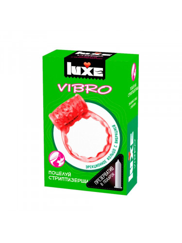 Розовое эрекционное виброкольцо Luxe VIBRO «Поцелуй стриптизёрши» + презерватив