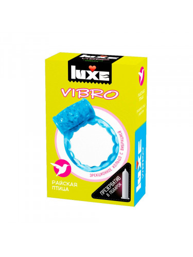 Голубое эрекционное виброкольцо Luxe VIBRO «Райская птица» + презерватив
