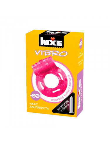 Розовое эрекционное виброкольцо Luxe VIBRO «Ужас альпиниста» + презерватив