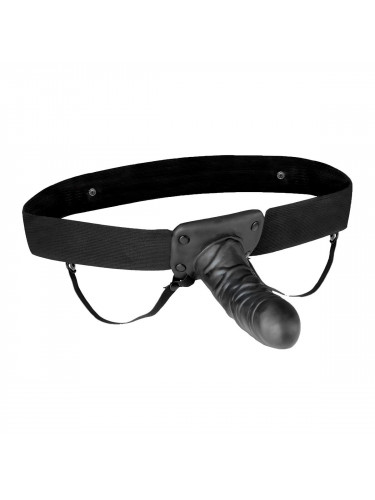 Чёрный полый страпон с вибрацией Unisex Vibrating Hollow Strap-On - 14 см.