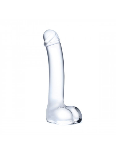 Прозрачный стеклянный фаллос с мошонкой Curved G-Spot - 18 см.