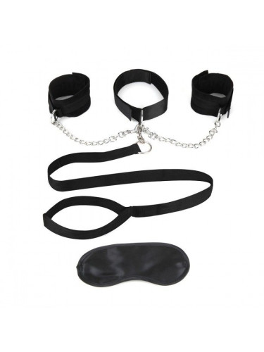 Чёрный ошейник с наручниками и поводком Collar Cuffs Leash Set