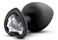 Черная анальная пробка с прозрачным стразом-сердечком Bling Plug Large - 9,5 см.