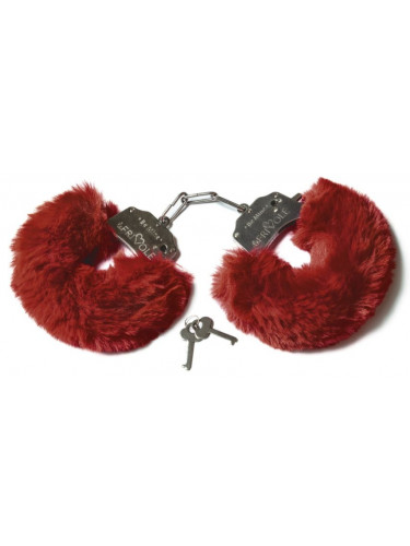 Шикарные бордовые меховые наручники с ключиками