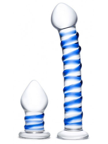 Набор из 2 стеклянных игрушек с синей спиралью Swirly Dildo Buttplug Set