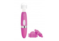 Розовый ротационный жезловый вибратор с двумя насадками 360° Spinning Head Wand Massager Set