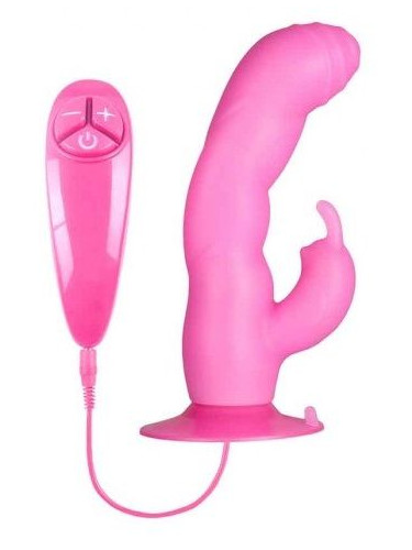 Розовый вибратор с клиторальным стимулятором BUNNY ICY - 18 см.